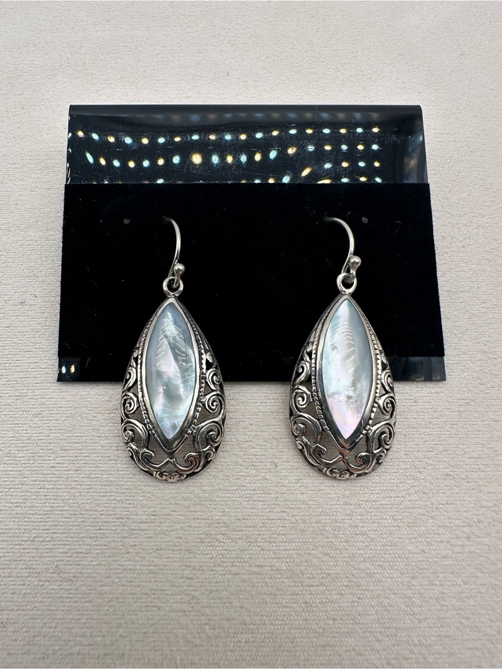 925 Sterling Silver MOP Shell Marquise Scroll Wire Drop Earrings